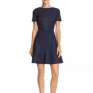 AQUA Faux Suede Flounce Fit and Flare A-line Dress in Navy (M)
